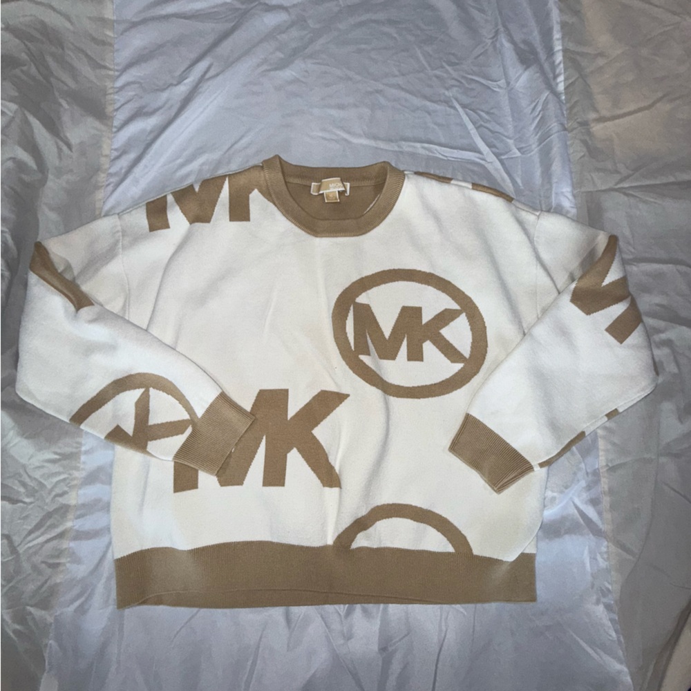 Michael Kors White and Tan Crewneck Sweater with Logo Design